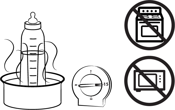 Step 1: Put bottle in warm water for no more than 15 minutes. Do not heat bottle on the stove or in the microwave.