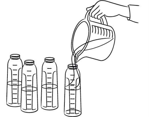 Step 6: Divide infant formula in sterile bottles by pouring the amount of infant formula needed for one feeding in each sterilized bottle (preferably glass). Step 6: Divide infant formula in sterile bottles by pouring the amount of infant formula needed for one feeding in each sterilized bottle (preferably glass).