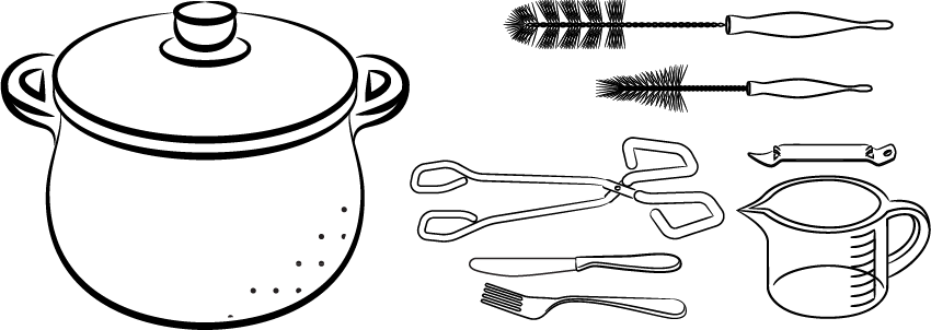Sterilizing equipment: large pot with lid, bottle brush and nipple brush, tongs, knife, fork, can opener and glass measuring cup.