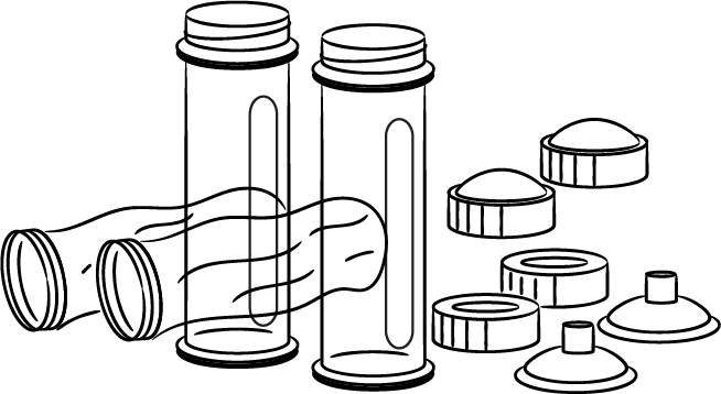 Sterilizing equipment for disposable bottles: bottle holders, rims, caps, nipples and a roll of disposable liners.