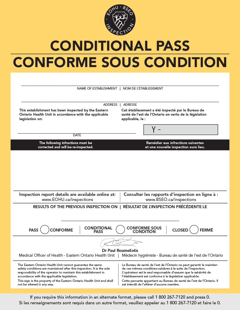Sample of the EOHU yellow CONDITIONAL PASS sign, issued when significant non-compliance is found