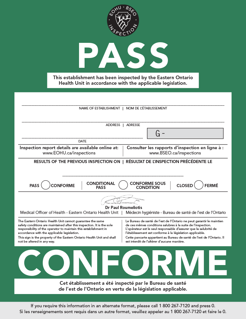 Sample of the EOHU green PASS sign, issued to food premises in substantial compliance